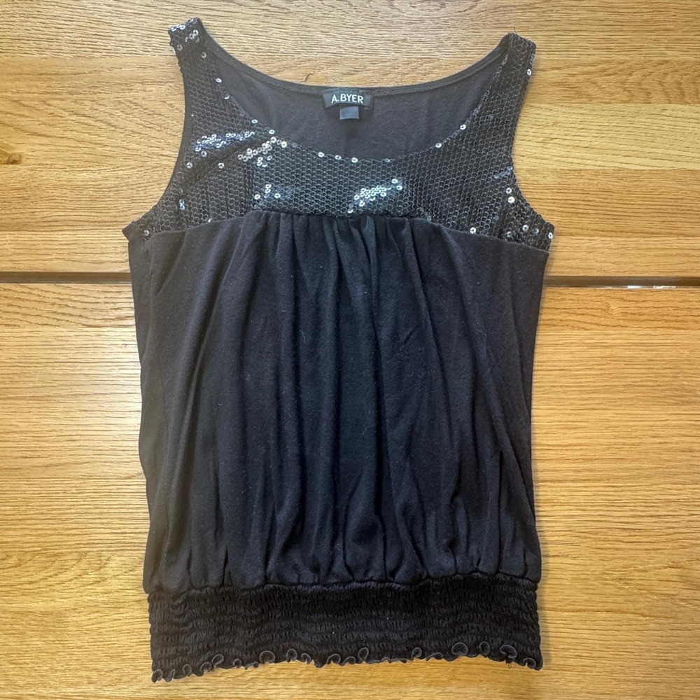 A. Byer Womens Black Sequin Scoop Neck Sleeveless Smocked Hem Blouson Top Small